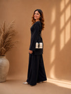 Misha Black Zigzag Neck Bell Sleeve & Wide-Leg Pants Coord Set