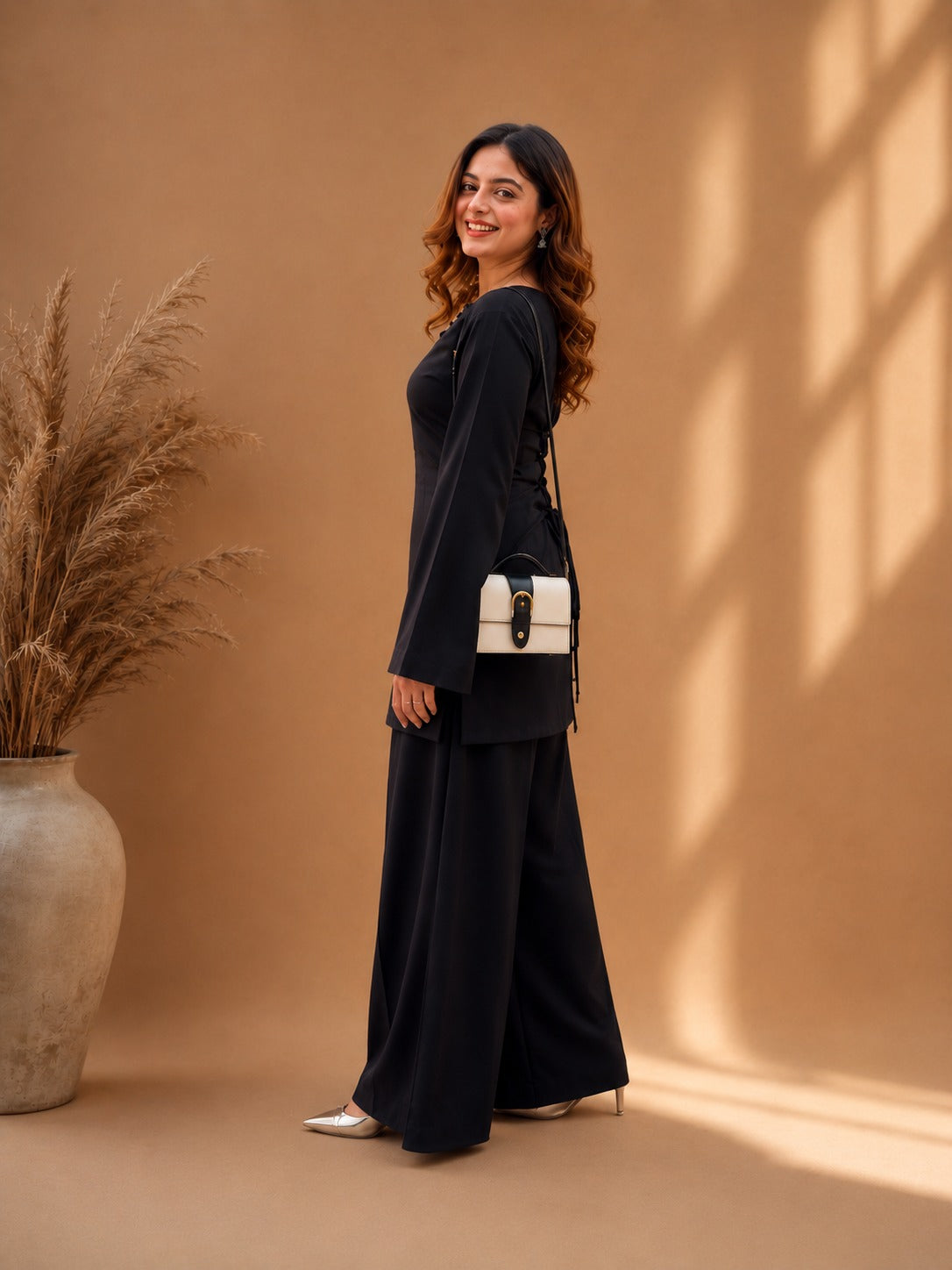 Misha Black Zigzag Neck Bell Sleeve & Wide-Leg Pants Coord Set