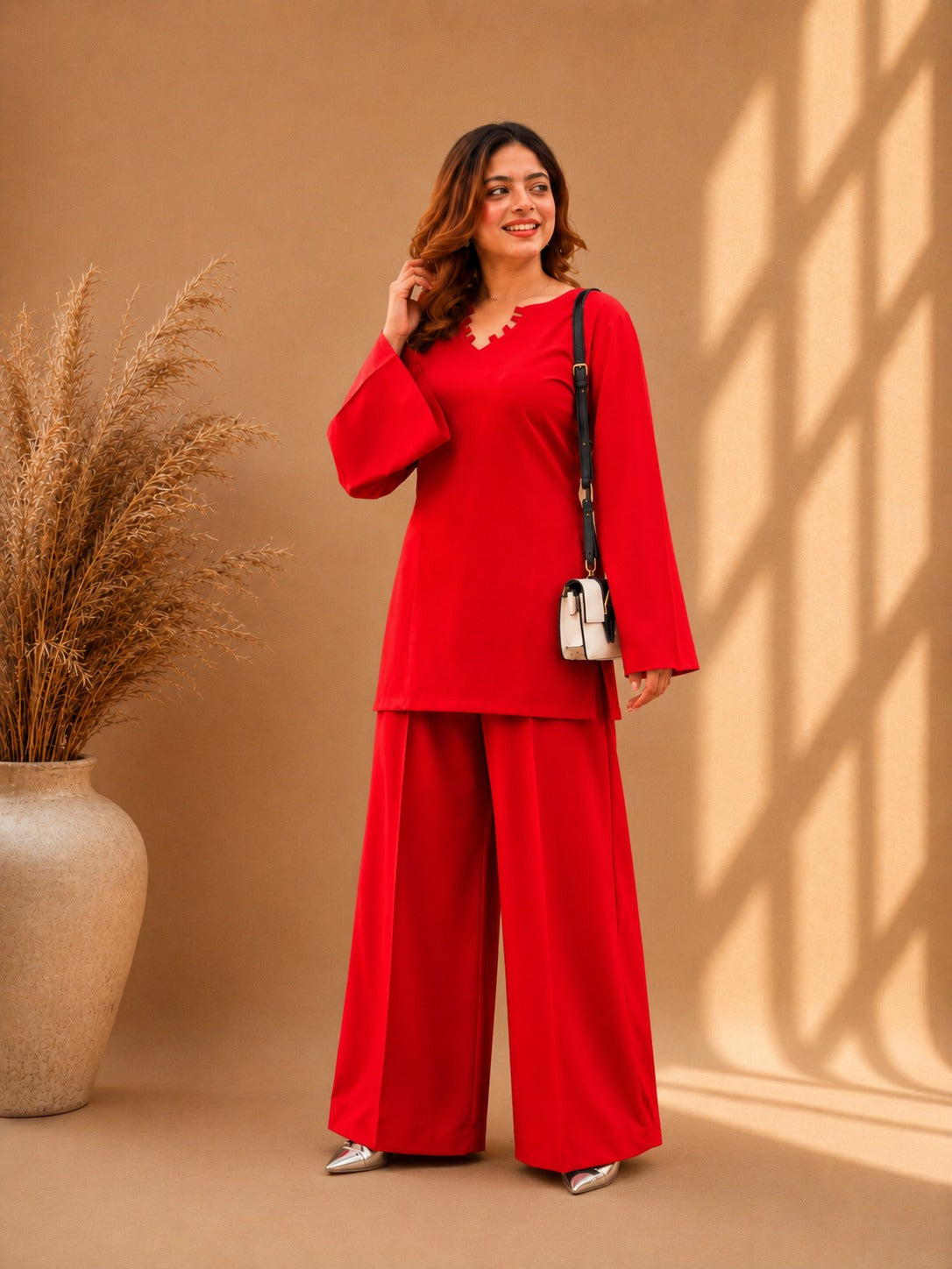 Misha Red Zigzag Neck Bell Sleeve & Wide-Leg Pants Co-ord Set