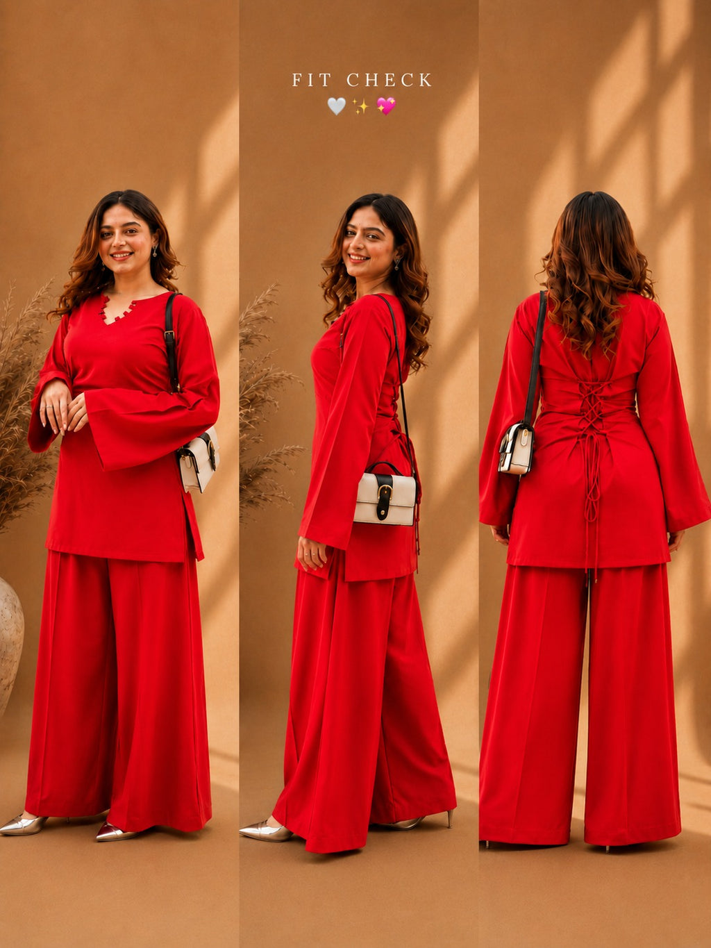 Misha Red Zigzag Neck Bell Sleeve & Wide-Leg Pants Co-ord Set