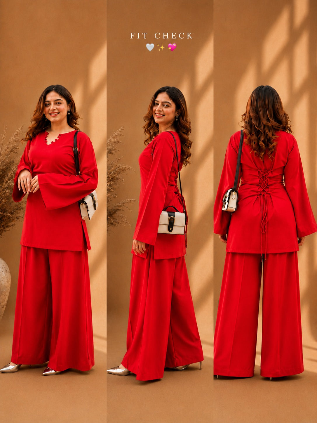Misha Red Zigzag Neck Bell Sleeve & Wide-Leg Pants Co-ord Set