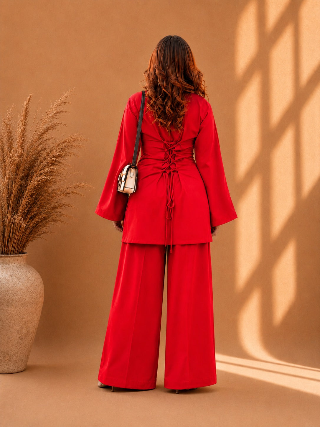 Misha Red Zigzag Neck Bell Sleeve & Wide-Leg Pants Co-ord Set