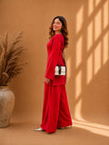 Misha Red Zigzag Neck Bell Sleeve & Wide-Leg Pants Co-ord Set
