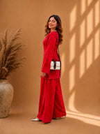 Misha Red Zigzag Neck Bell Sleeve & Wide-Leg Pants Co-ord Set