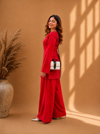 Misha Red Zigzag Neck Bell Sleeve & Wide-Leg Pants Co-ord Set
