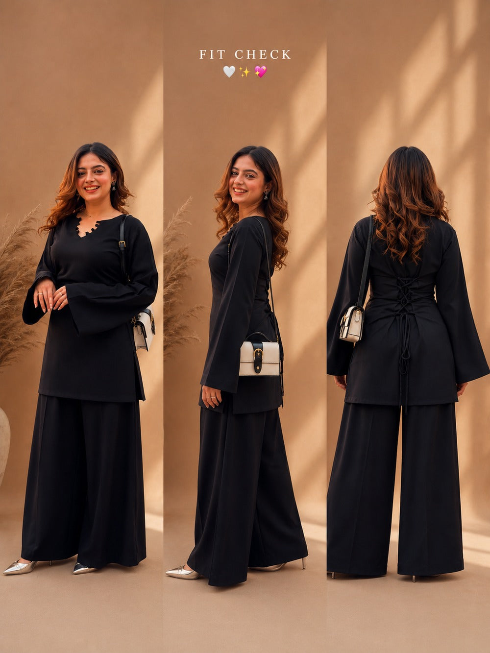 Misha Black Zigzag Neck Bell Sleeve & Wide-Leg Pants Coord Set