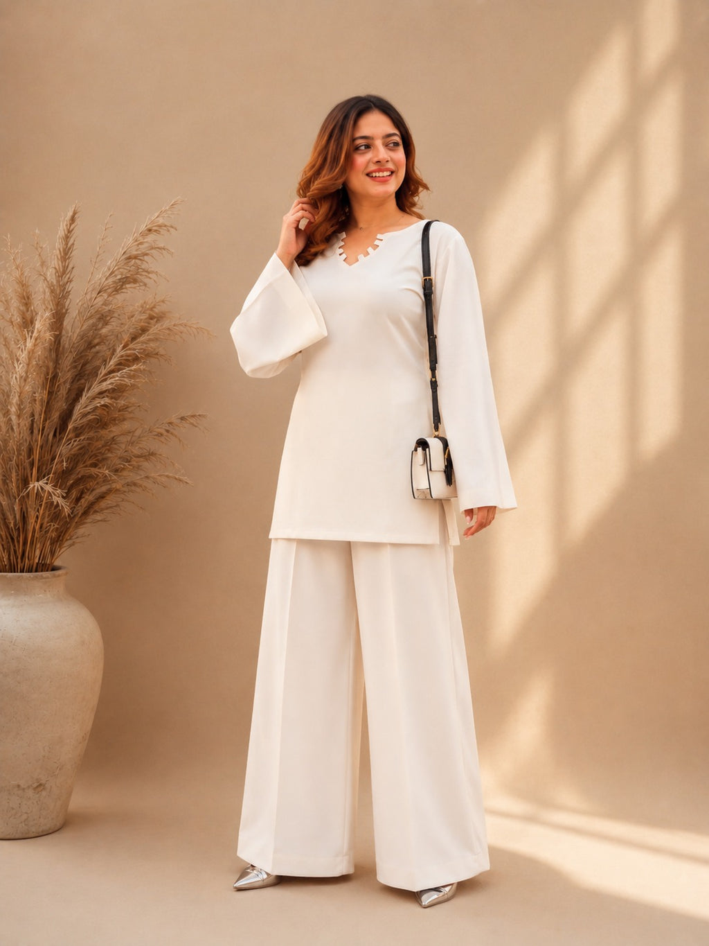 Misha Off White Lace-Up Back Bell Sleeve & Wide-Leg Pants Co-ord Set
