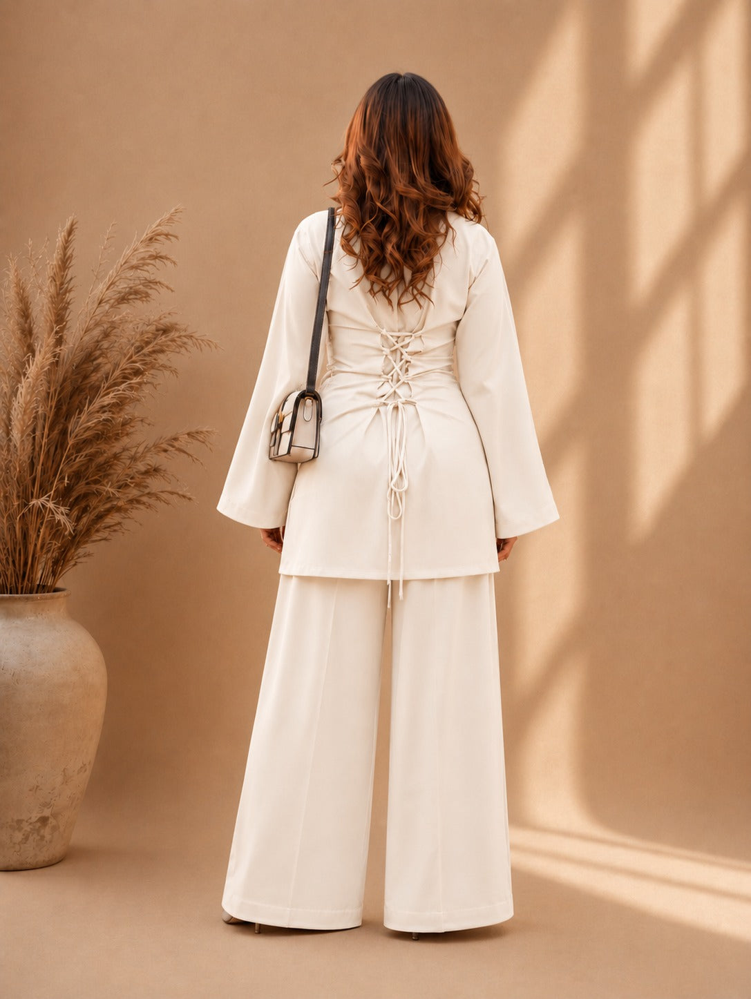 Misha Off White Lace-Up Back Bell Sleeve & Wide-Leg Pants Co-ord Set