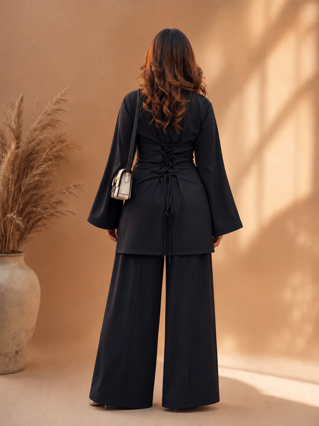 Misha Black Zigzag Neck Bell Sleeve & Wide-Leg Pants Coord Set