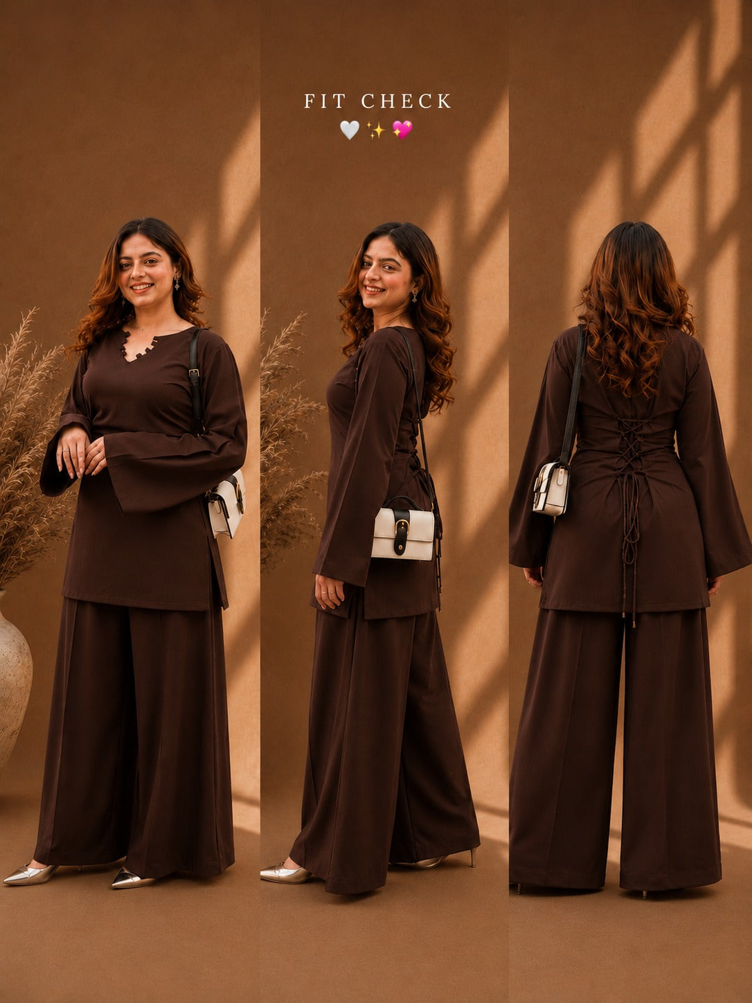 Misha Mocha Lace-Up Back Bell Sleeve & Wide-Leg Pants Co-ord Set