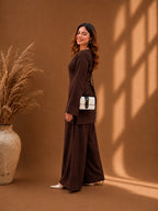 Misha Mocha Lace-Up Back Bell Sleeve & Wide-Leg Pants Co-ord Set