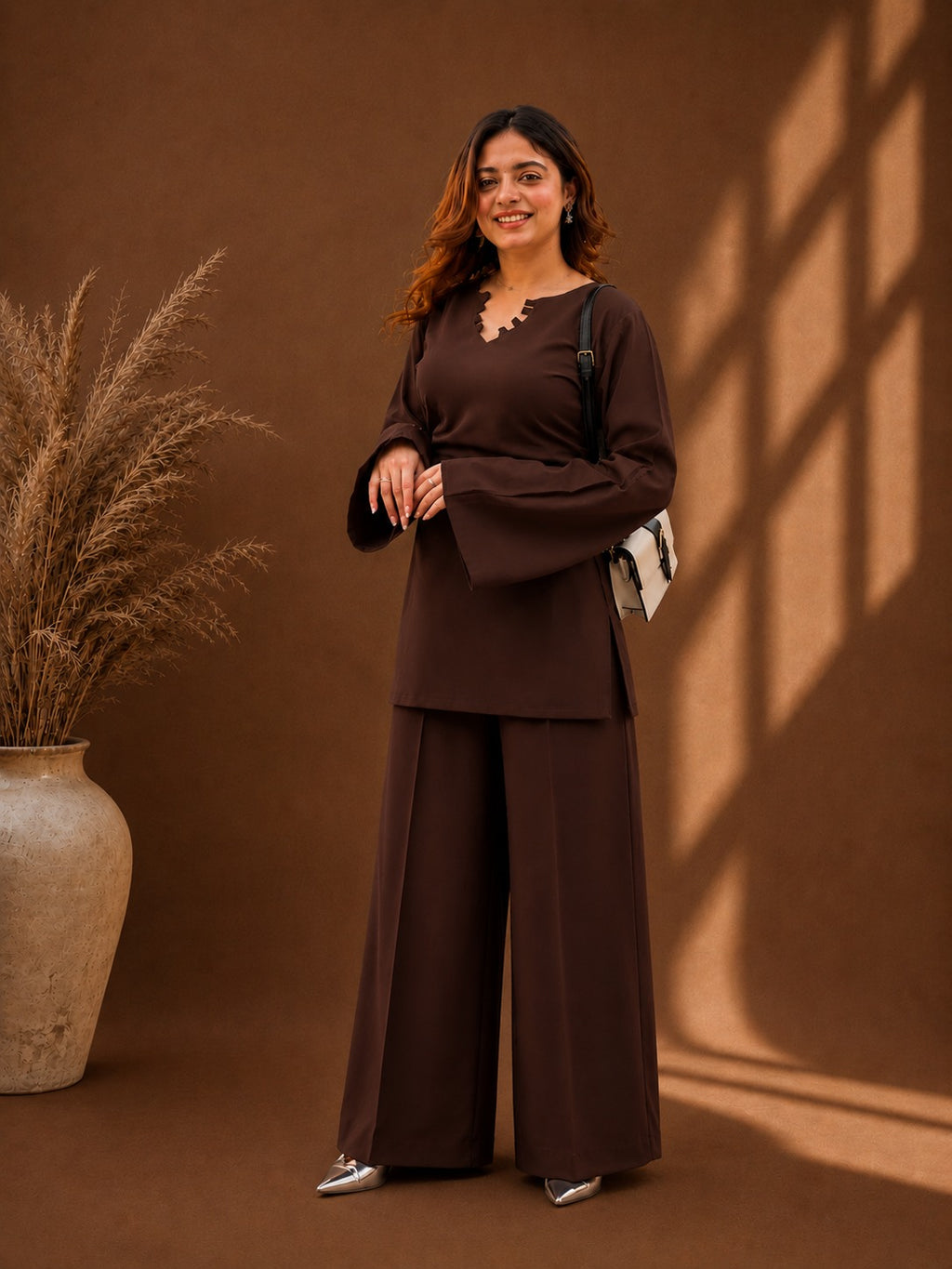 Misha Mocha Lace-Up Back Bell Sleeve & Wide-Leg Pants Co-ord Set