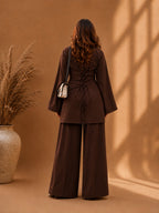 Misha Mocha Lace-Up Back Bell Sleeve & Wide-Leg Pants Co-ord Set
