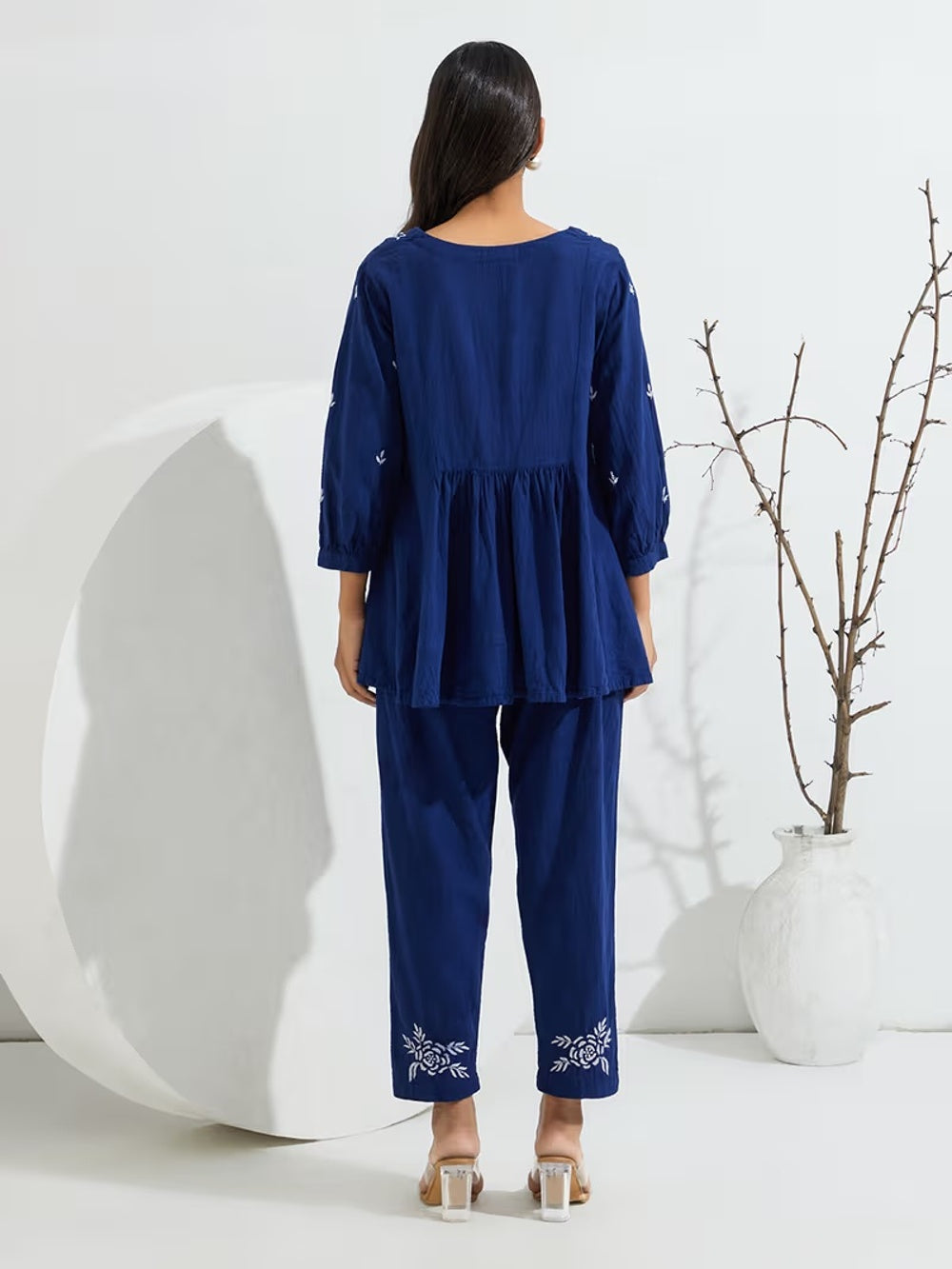 Neha Navy Blue White Floral Embroidered Peplum Top & Pants Co-ord Set