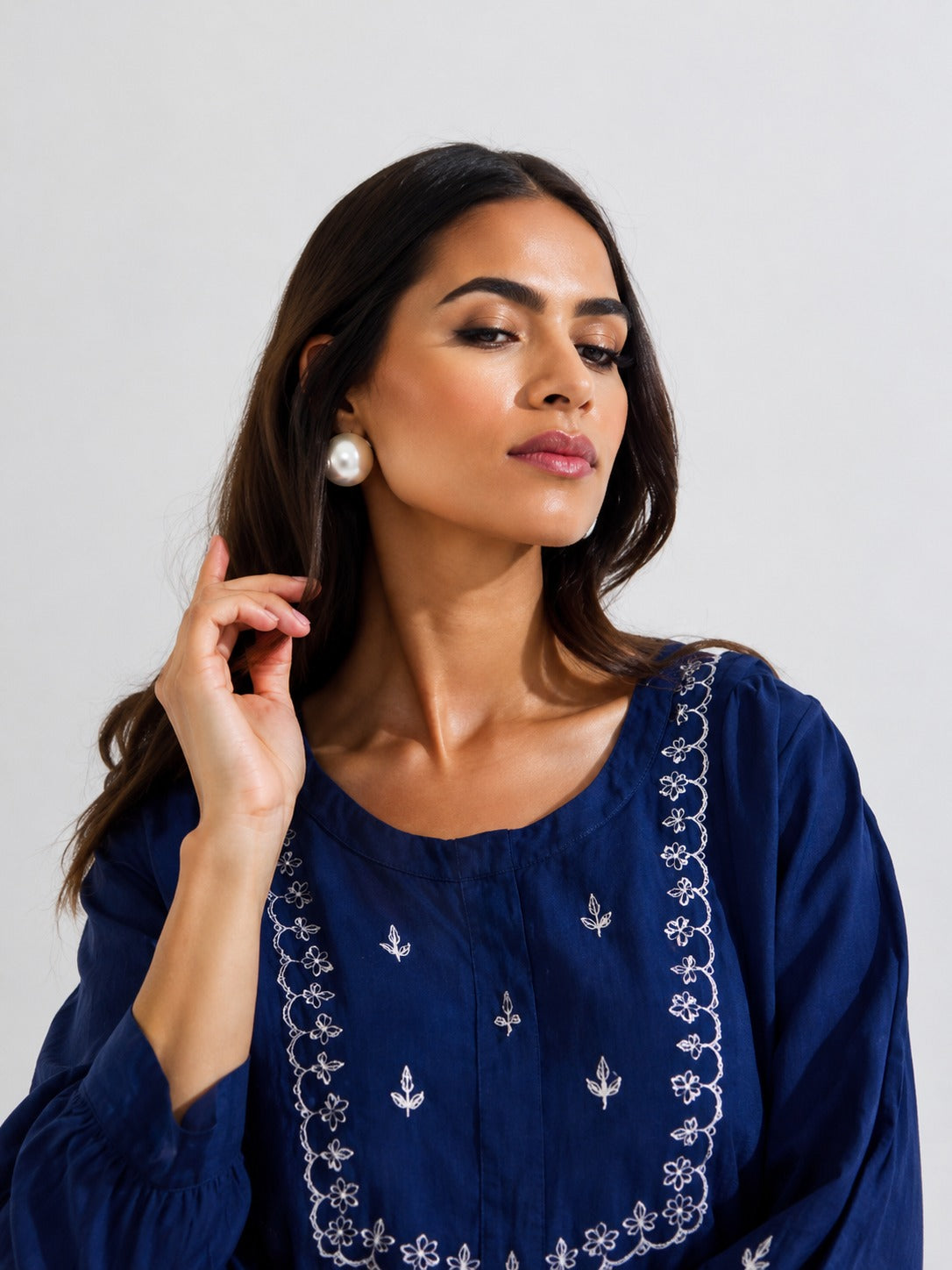 Neha Navy Blue White Floral Embroidered Peplum Top & Pants Co-ord Set
