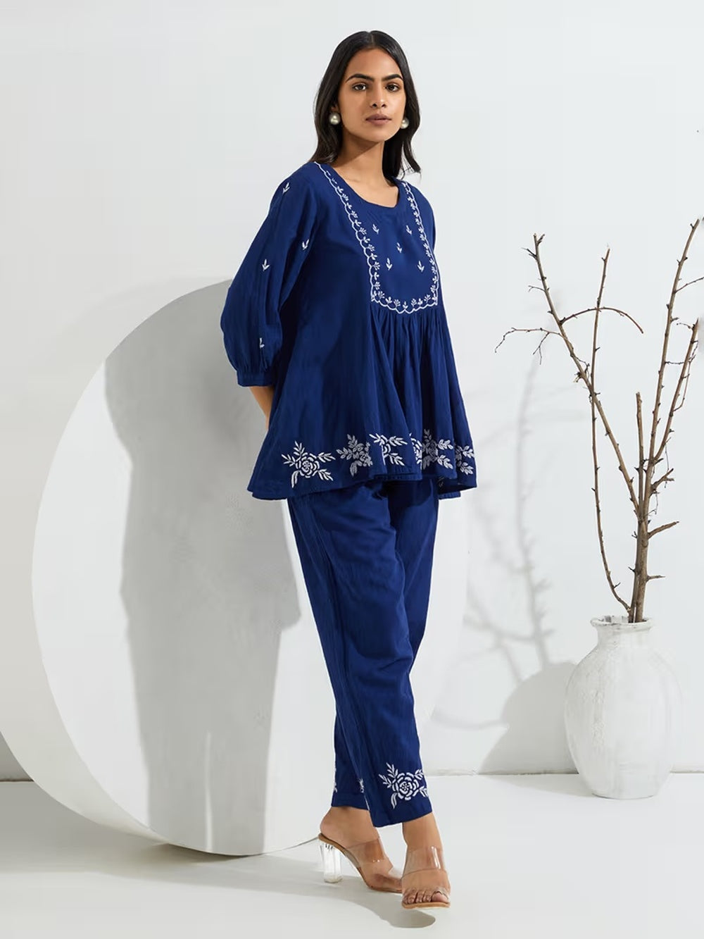 Neha Navy Blue White Floral Embroidered Peplum Top & Pants Co-ord Set