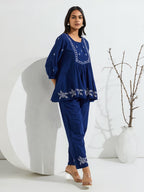 Neha Navy Blue White Floral Embroidered Peplum Top & Pants Co-ord Set