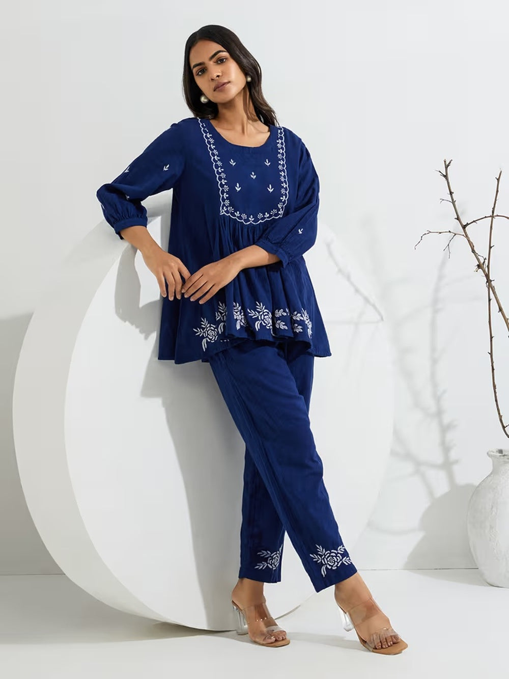 Neha Navy Blue White Floral Embroidered Peplum Top & Pants Co-ord Set