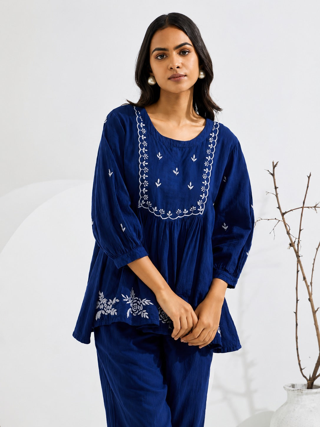 Neha Navy Blue White Floral Embroidered Peplum Top & Pants Co-ord Set