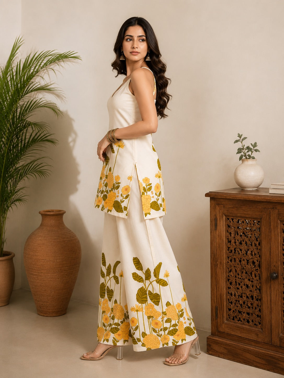 Sara Ivory Yellow Floral Halter Neck Top & Pants Set