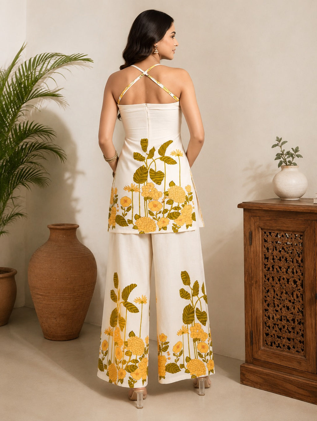 Sara Ivory Yellow Floral Halter Neck Top & Pants Set