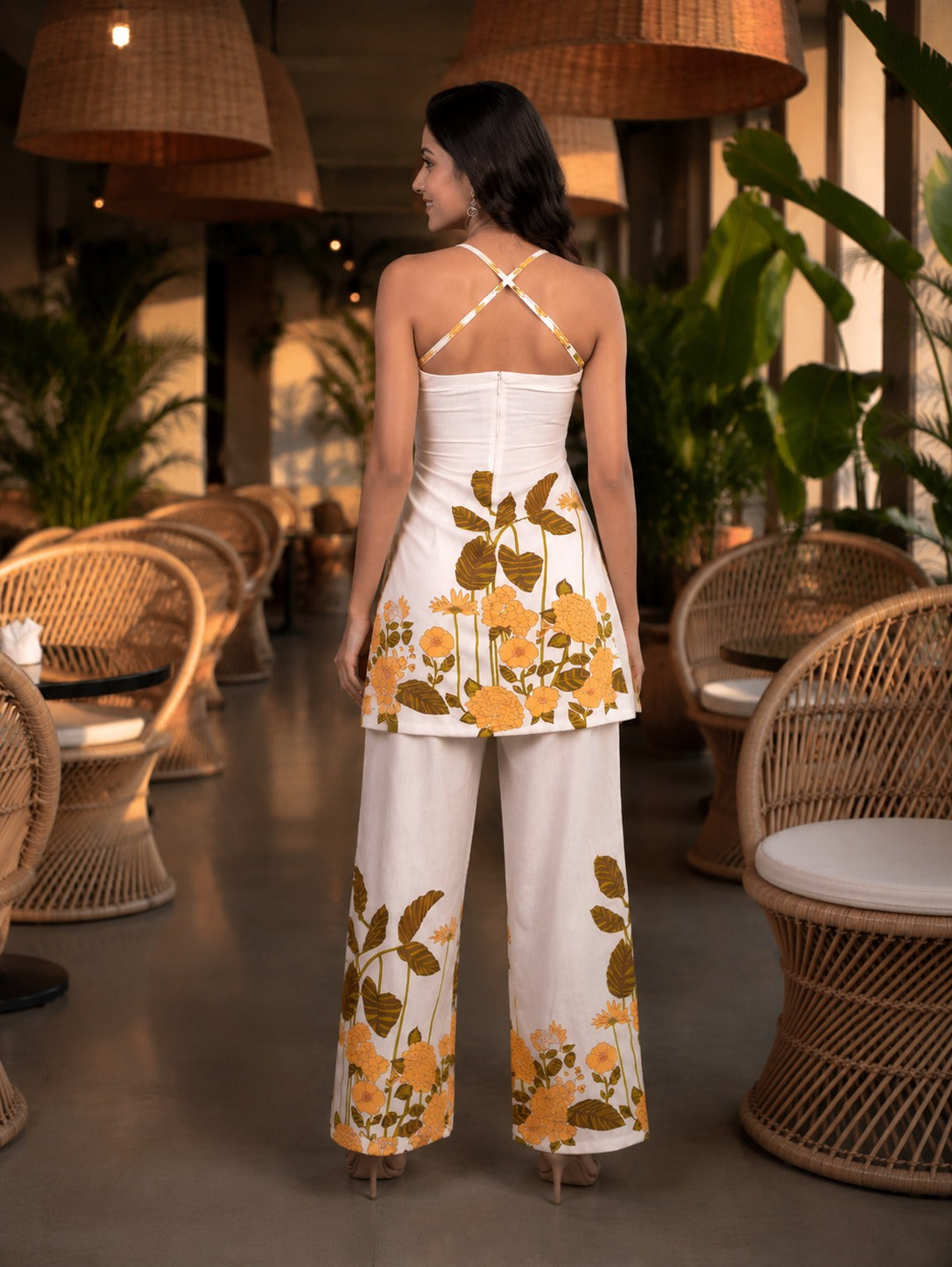Sara Ivory Yellow Floral Halter Neck Top & Pants Set