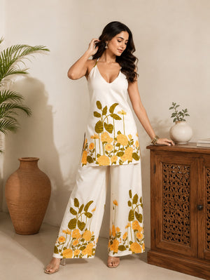 Sara Ivory Yellow Floral Halter Neck Top & Pants Set