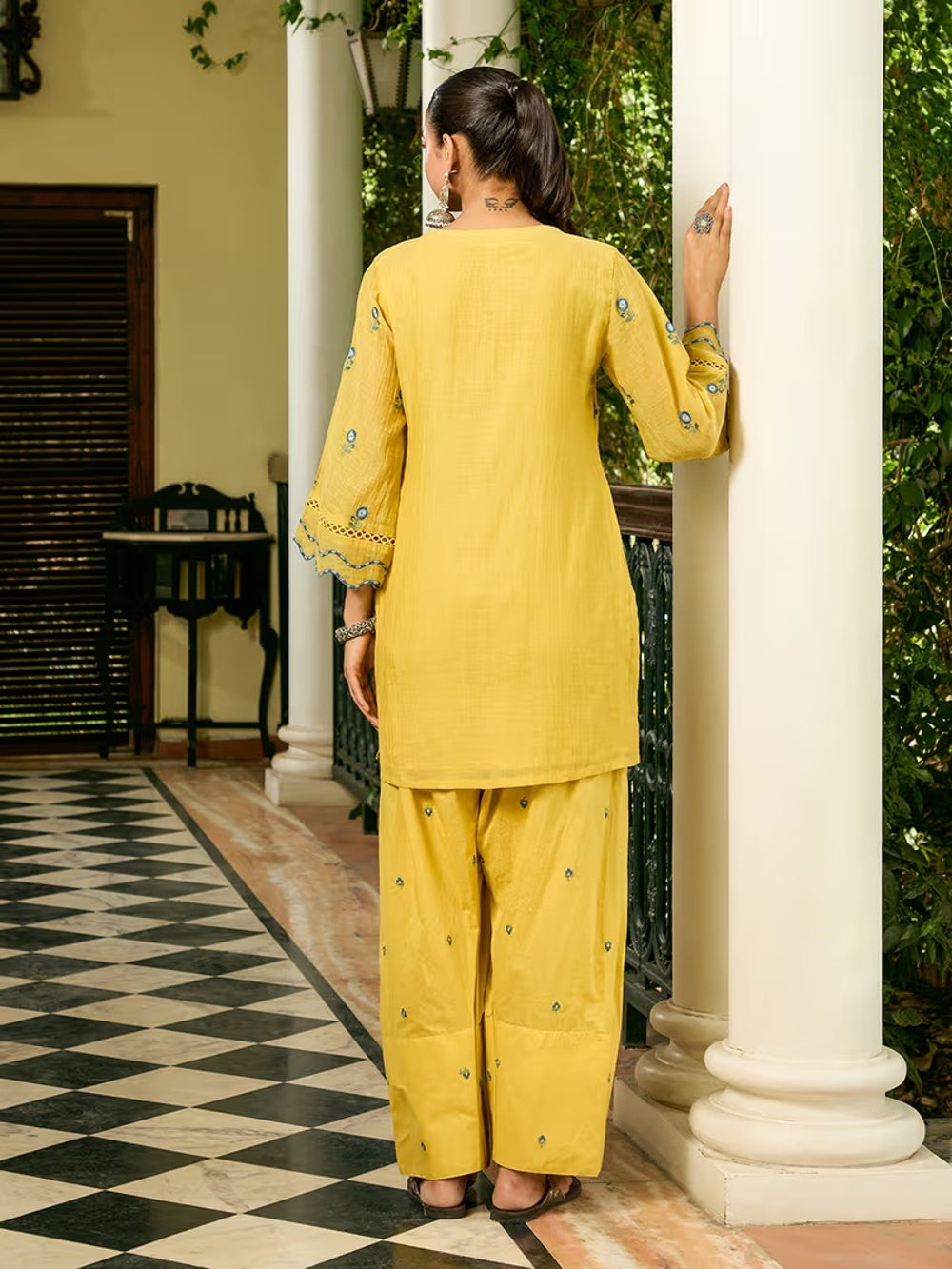 Yasmin Mustard Yellow Floral Embroidered Kurta Set