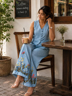 Siya Sky Blue Floral Embroidered Cotton Co-ord Set