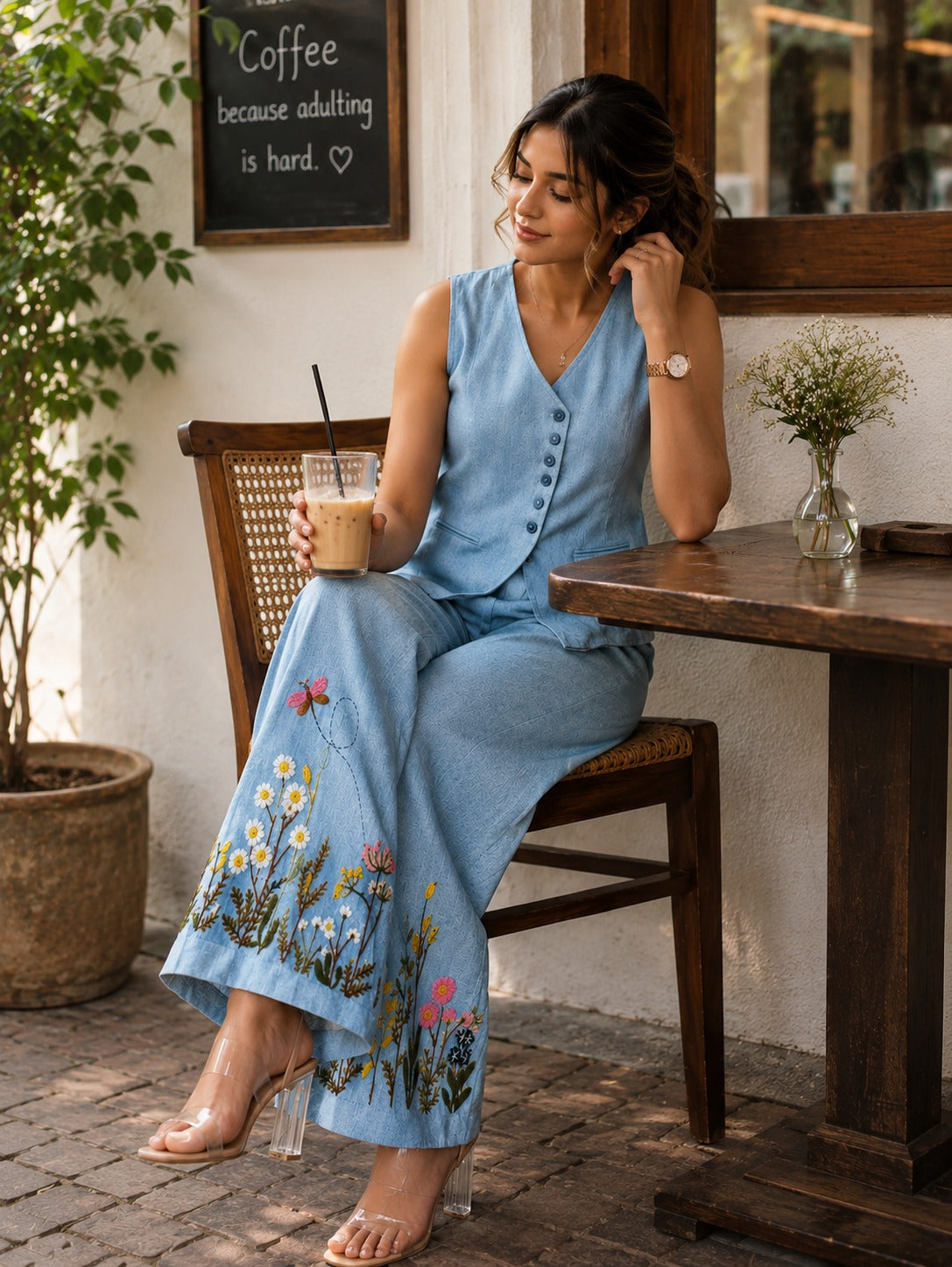 Siya Sky Blue Floral Embroidered Cotton Co-ord Set
