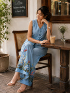 Siya Sky Blue Floral Embroidered Cotton Co-ord Set