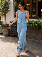Siya Sky Blue Floral Embroidered Cotton Co-ord Set