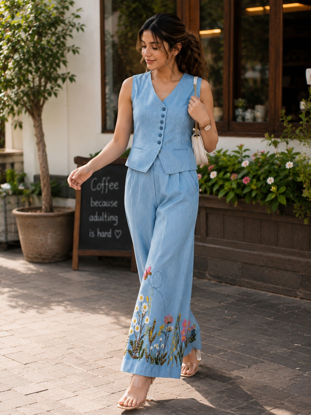 Siya Sky Blue Floral Embroidered Cotton Co-ord Set