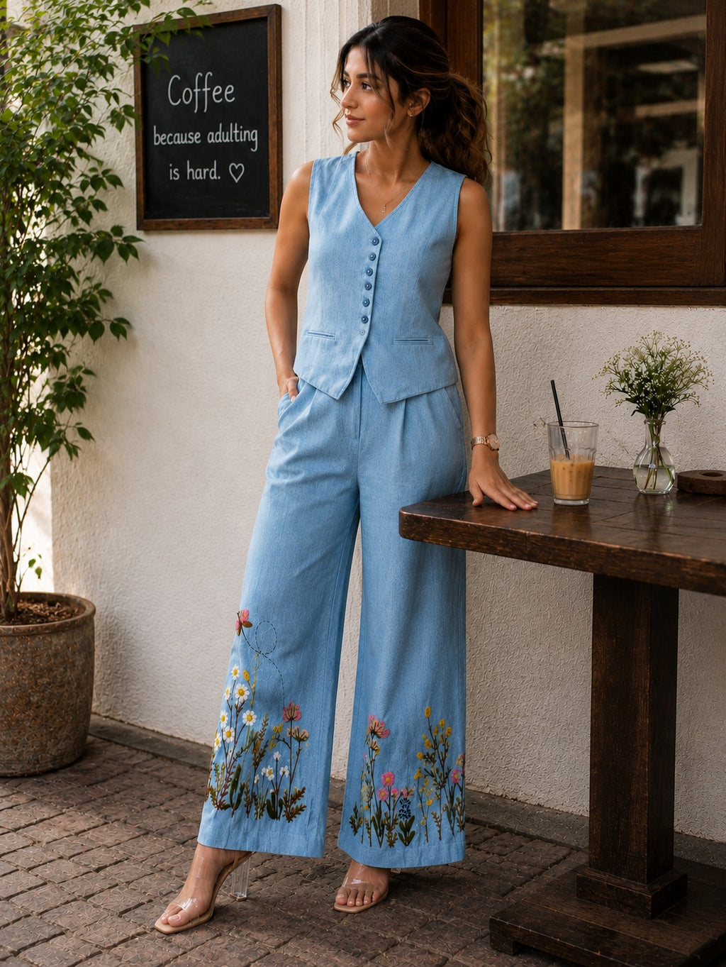 Siya Sky Blue Floral Embroidered Cotton Co-ord Set