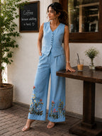 Siya Sky Blue Floral Embroidered Cotton Co-ord Set