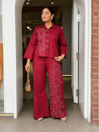 Elara Wine Red Thread Embroidered Shirt & Wide-Leg Co-ord Set