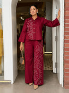 Elara Wine Red Thread Embroidered Shirt & Wide-Leg Co-ord Set