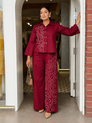 Elara Wine Red Thread Embroidered Shirt & Wide-Leg Co-ord Set