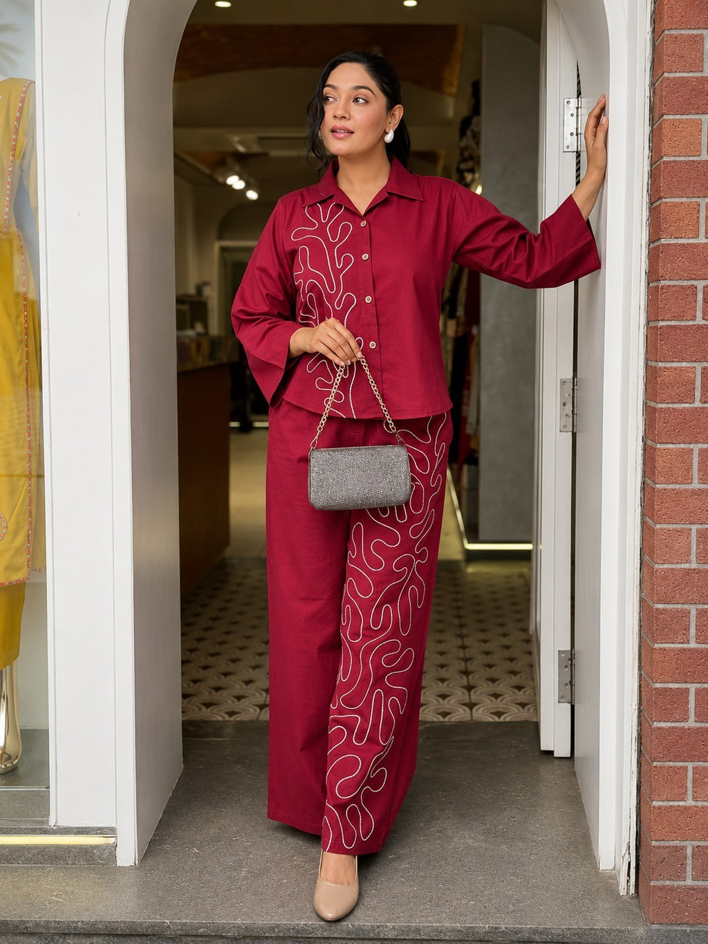 Elara Wine Red Thread Embroidered Shirt & Wide-Leg Co-ord Set