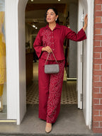 Elara Wine Red Thread Embroidered Shirt & Wide-Leg Co-ord Set