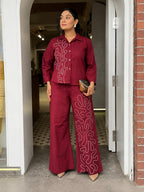 Elara Wine Red Thread Embroidered Shirt & Wide-Leg Co-ord Set