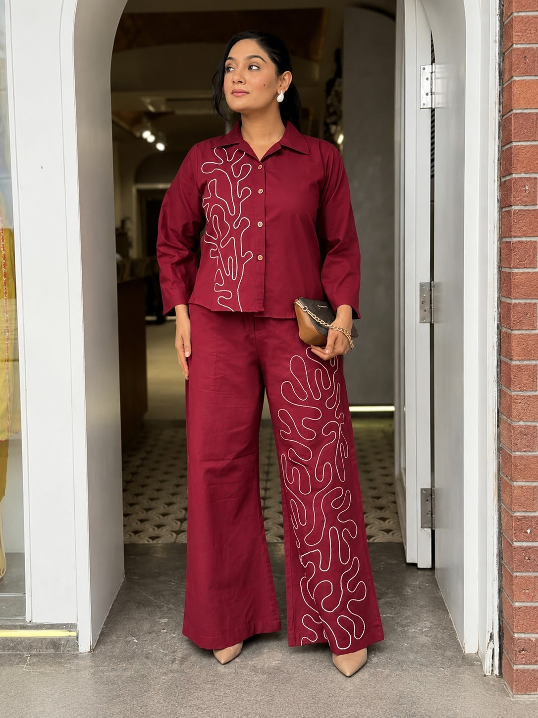 Elara Wine Red Thread Embroidered Shirt & Wide-Leg Co-ord Set