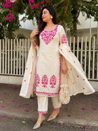 Kiara Off White Embroidered Khadi Cotton Kurta Set with Dupatta