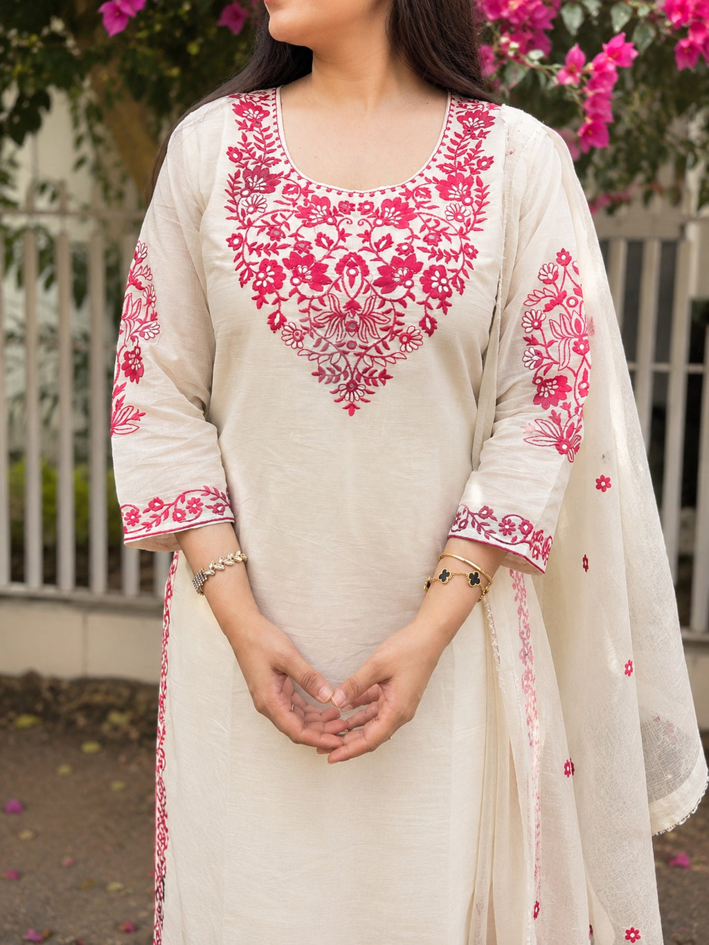 Kiara Off White Embroidered Khadi Cotton Kurta Set with Dupatta