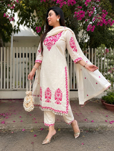 Kiara Off White Embroidered Khadi Cotton Kurta Set with Dupatta