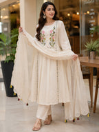 Zoya Off White Floral Embroidered Cotton Dobby Kurta Set with Dupatta