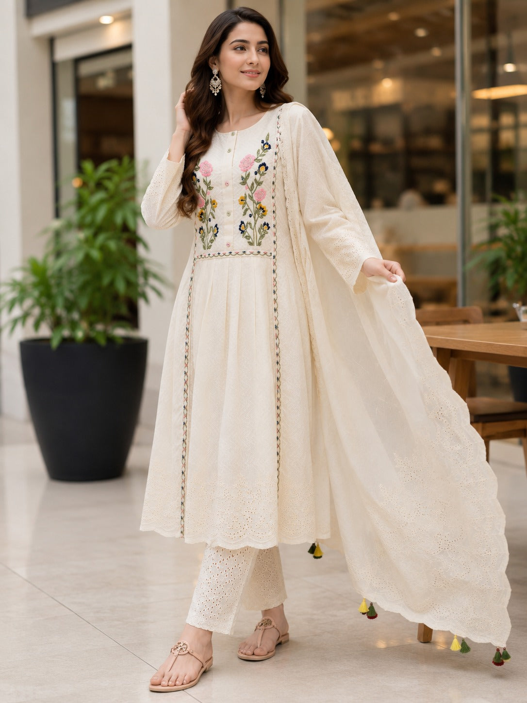 Zoya Off White Floral Embroidered Cotton Dobby Kurta Set with Dupatta