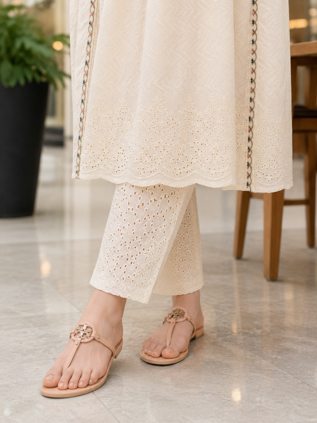 Zoya Off White Floral Embroidered Cotton Dobby Kurta Set with Dupatta