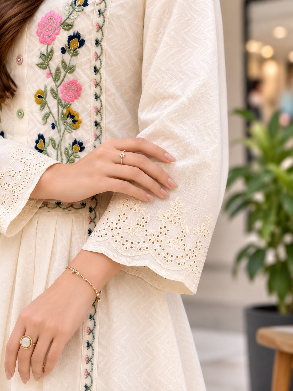 Zoya Off White Floral Embroidered Cotton Dobby Kurta Set with Dupatta