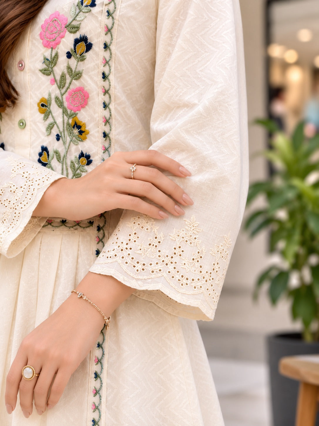 Zoya Off White Floral Embroidered Cotton Dobby Kurta Set with Dupatta